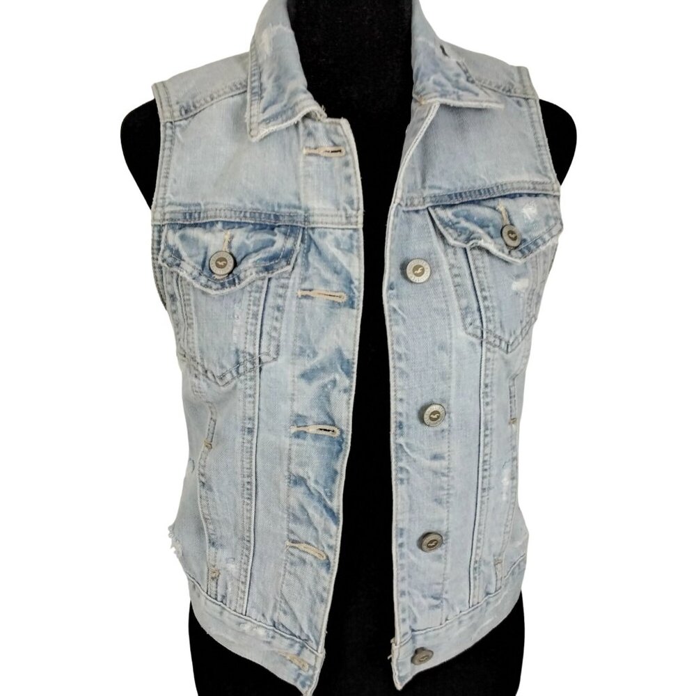 Hollister XS Womens Light Wash Distressed Sleeveless Denim Vest Jacket Versatile